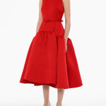 Red satin sleeveless midi dress with bow belt and full skirt — Huishan Zhang | Endless UAE