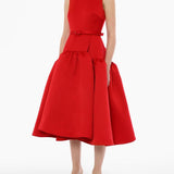 Red satin sleeveless midi dress with bow belt and full skirt — Huishan Zhang | Endless UAE