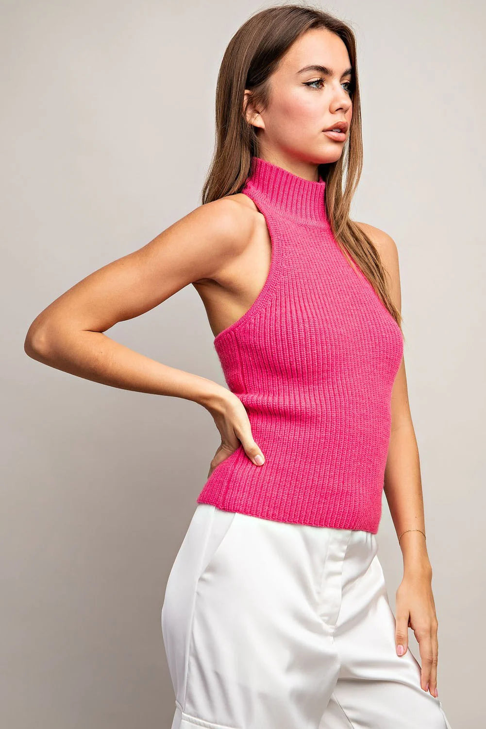 Hot Pink Ribbed Halter Turtle Neck Top — Elisabetta Franchi | Endless UAE