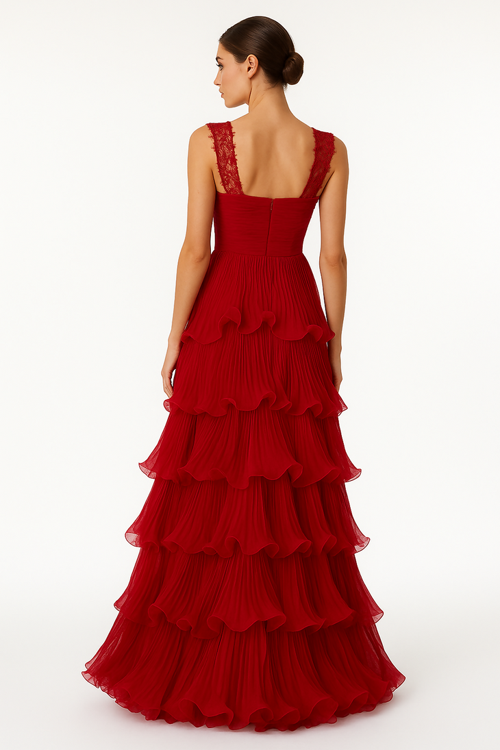 Red ruffle evening dress with lace straps and pleated bodice — Pronovias | Endless UAE