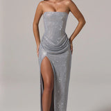 La Rochette Embellished Bandeau Cowl-Waist Maxi Dress