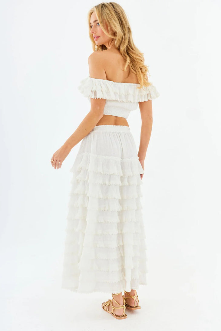 White off-shoulder ruffled crop top and tiered maxi skirt two-piece set with textured fabric details — Amy Jane London | Endless UAE