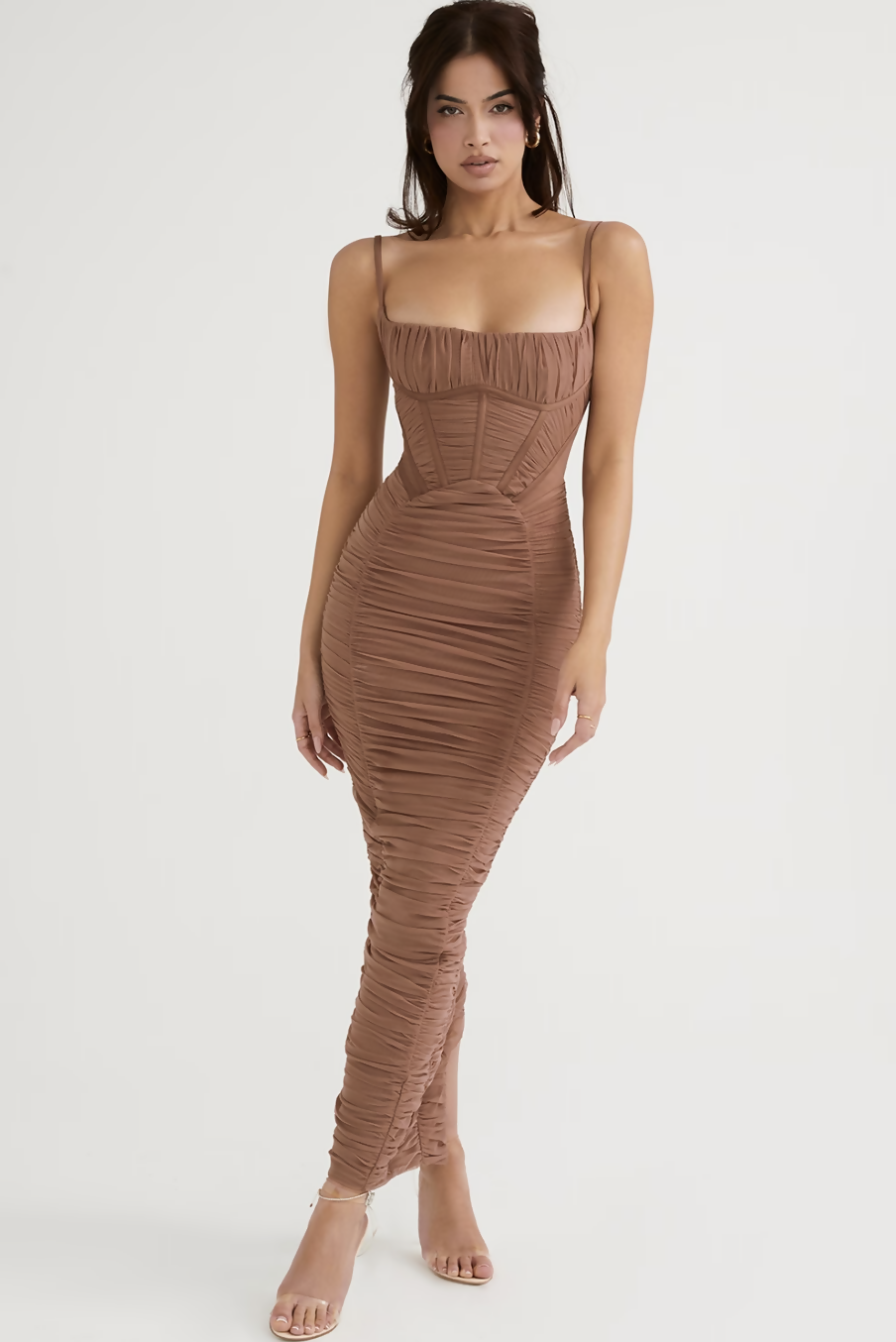 Mocha ruched corset maxi dress with thin straps and body-hugging silhouette on model — House of CB | Endless UAE