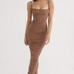 Mocha ruched corset maxi dress with thin straps and body-hugging silhouette on model — House of CB | Endless UAE