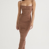 Mocha ruched corset maxi dress with thin straps and body-hugging silhouette on model — House of CB | Endless UAE