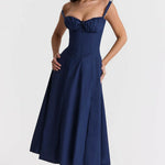 Woman wearing navy blue Carmen French Bustier Sundress with sweetheart neckline — Endless | Endless UAE