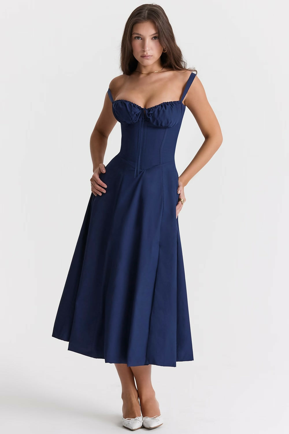 Woman wearing navy blue Carmen French Bustier Sundress with sweetheart neckline — Endless | Endless UAE