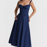 Woman wearing navy blue Carmen French Bustier Sundress with sweetheart neckline — Endless | Endless UAE