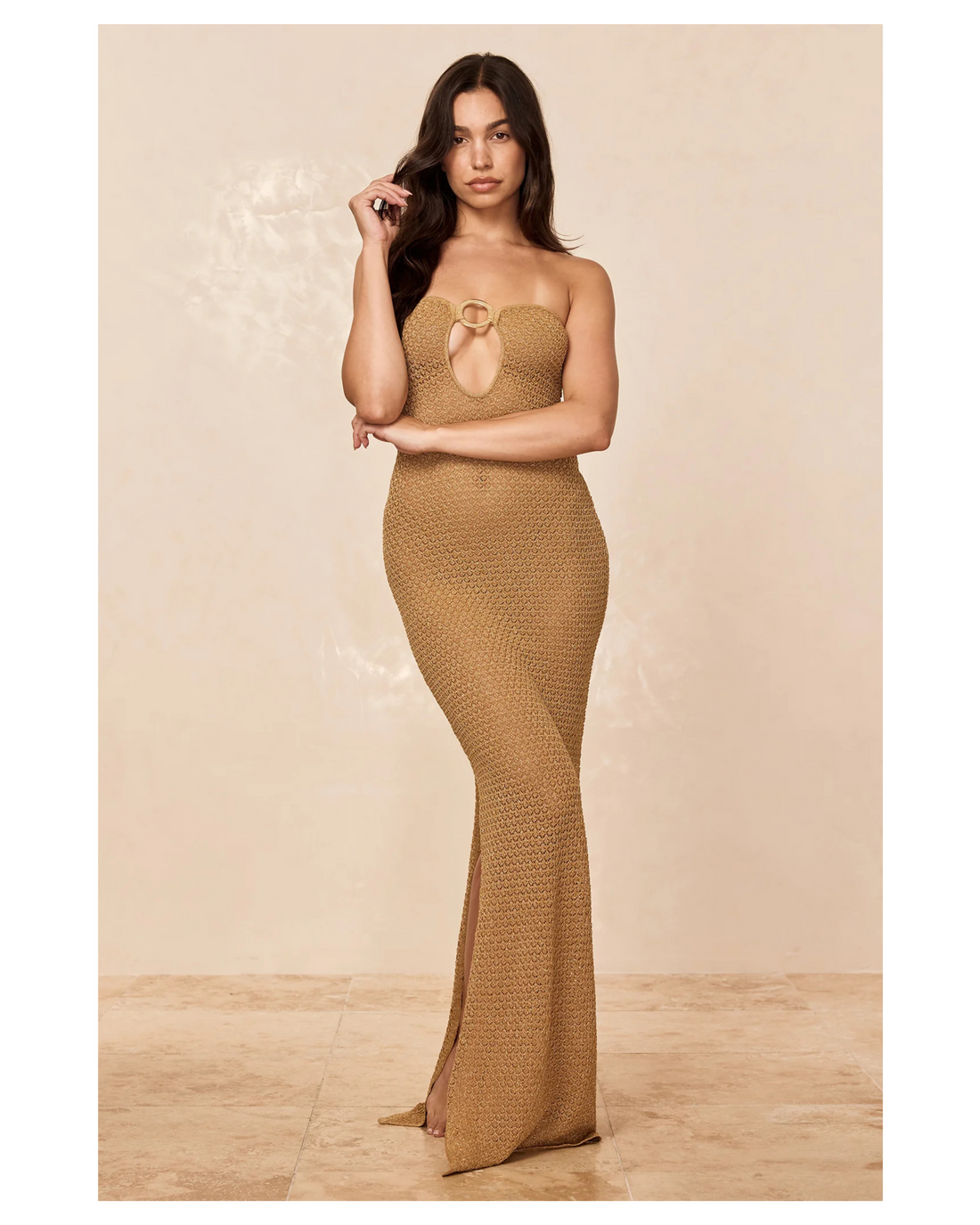 Montego Bandeau Dress in gold textured knit with keyhole cutout detail — Monday Swimwear | Endless UAE