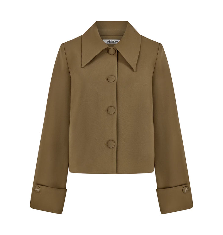 Olive green short jacket with pointed collar, covered buttons, and wide cuffs with branded details — Odd Muse | Endless UAE