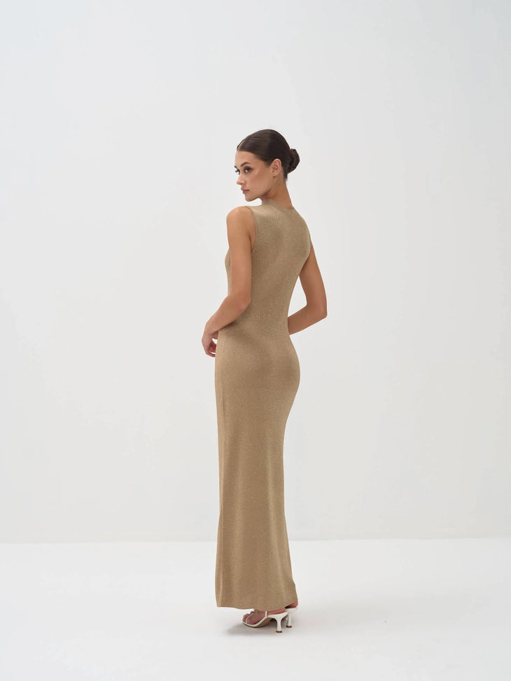 Elegant gold sleeveless maxi dress with form-fitting silhouette, shown from back on model with hair in bun — Nora The Label | Endless UAE