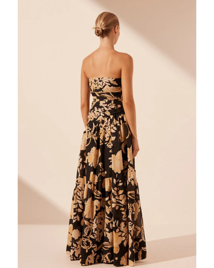 Xenia Strapless Tiered Maxi Dress in black and tan floral print — Shona Joy | Endless UAE