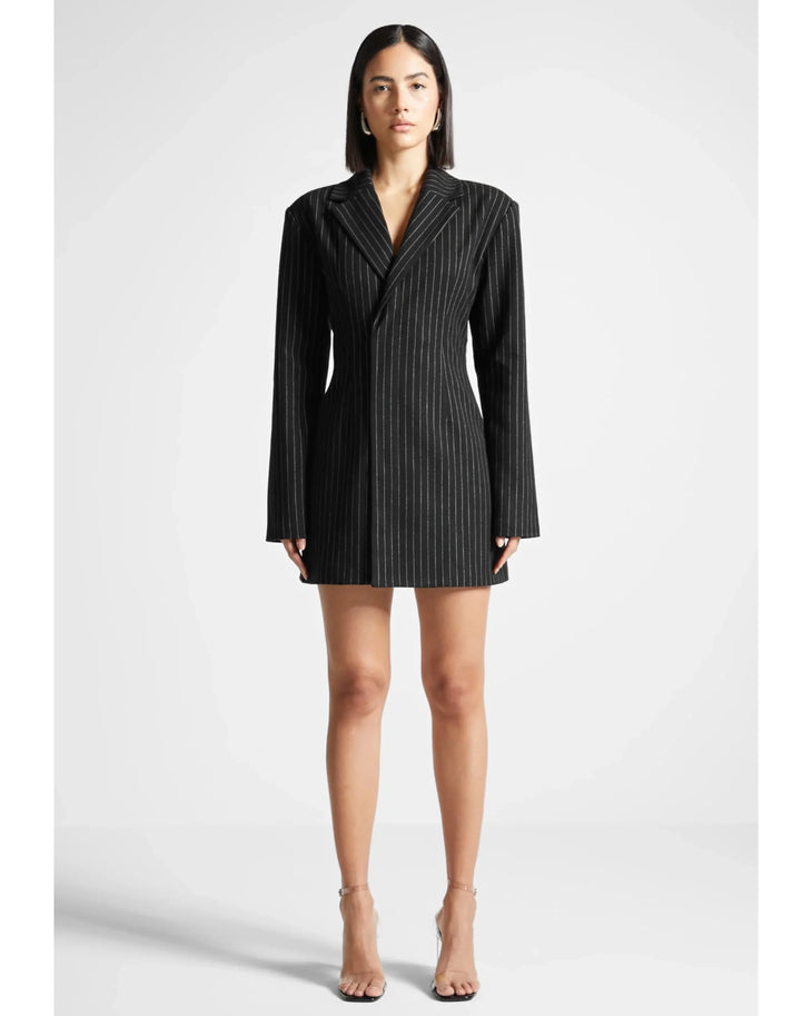 Black pinstripe blazer dress with reversible leather corset belt — Manière De Voir | Endless UAE