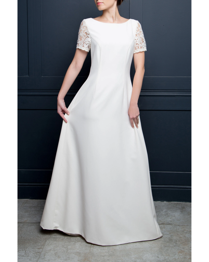 A-line wedding dress with lace sleeves and flowing train — Dressarte Paris | Endless UAE