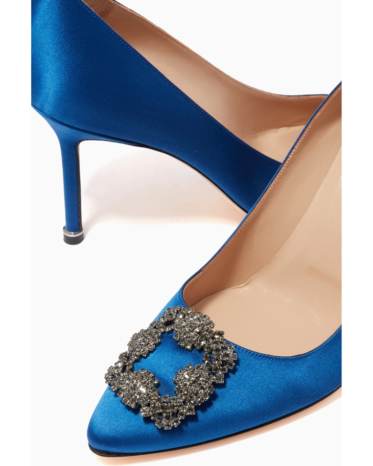 Blue satin pointed-toe pumps with crystal-embellished buckle and 90mm heel — Manolo Blahnik | Endless UAE
