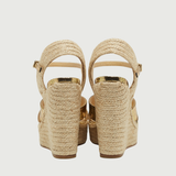 Gold metallic crisscross espadrille wedge sandals with braided jute platform and slingback strap, rear view — Jimmy Choo | Endless UAE