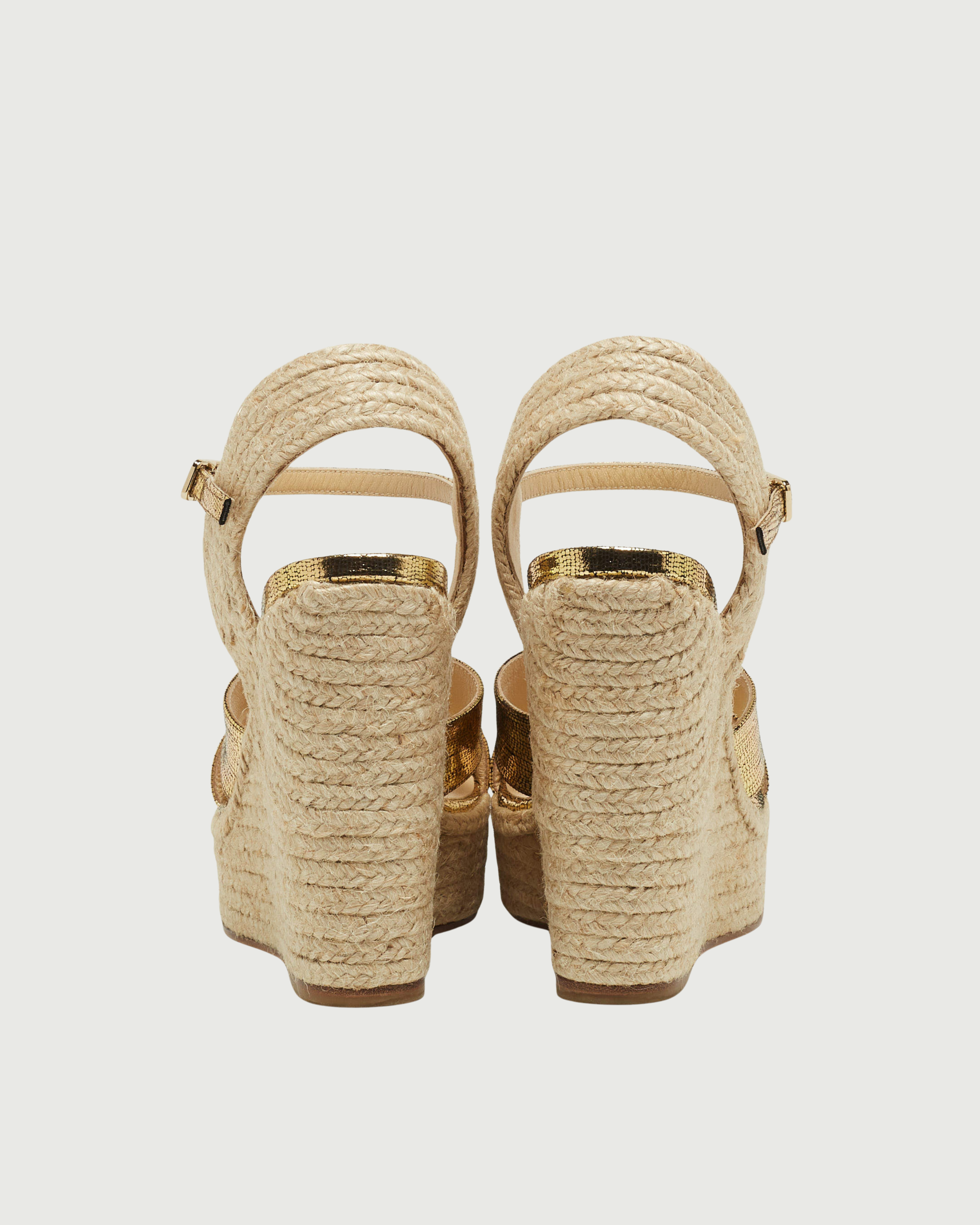 Gold metallic crisscross espadrille wedge sandals with braided jute platform and slingback strap, rear view — Jimmy Choo | Endless UAE