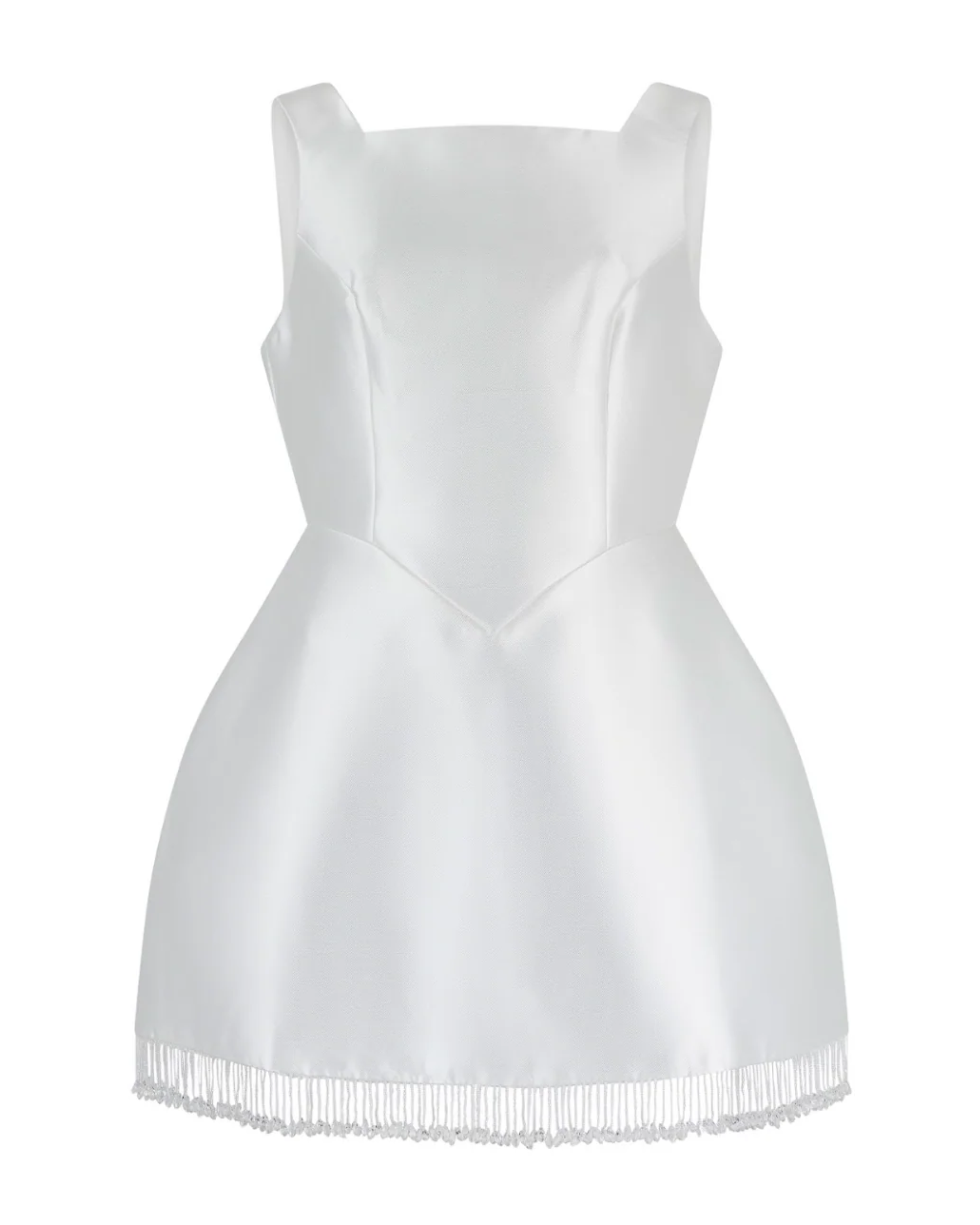 Woman wearing white sleeveless embellished mini dress with fringe hem and white sandals — Odd Muse | Endless UAE