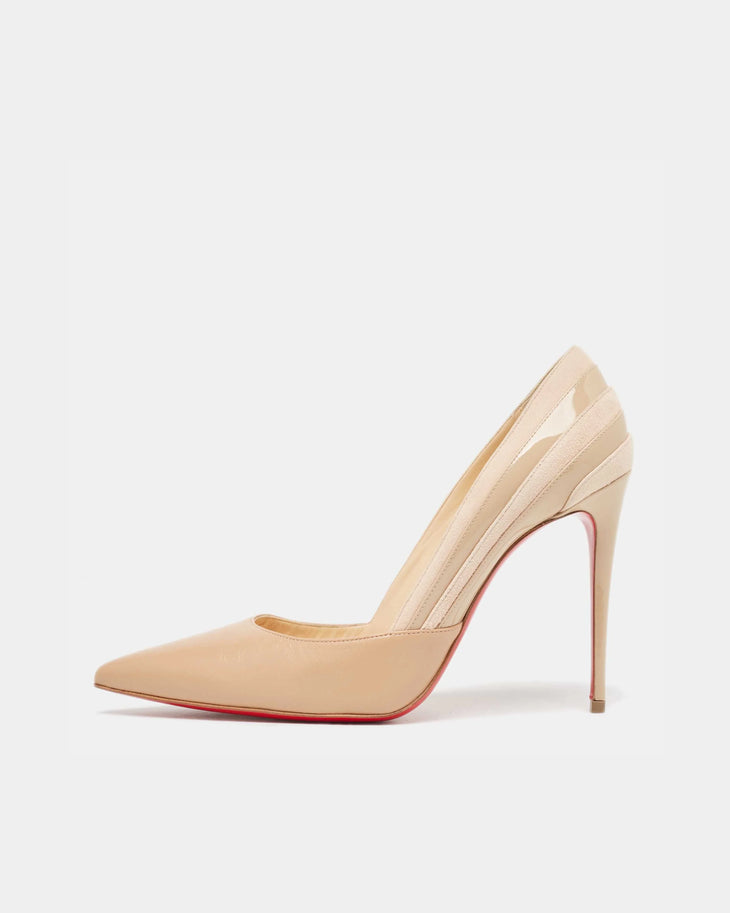 Nude beige patent leather pointed-toe pump with signature red sole and stiletto heel — Christian Louboutin | Endless UAE