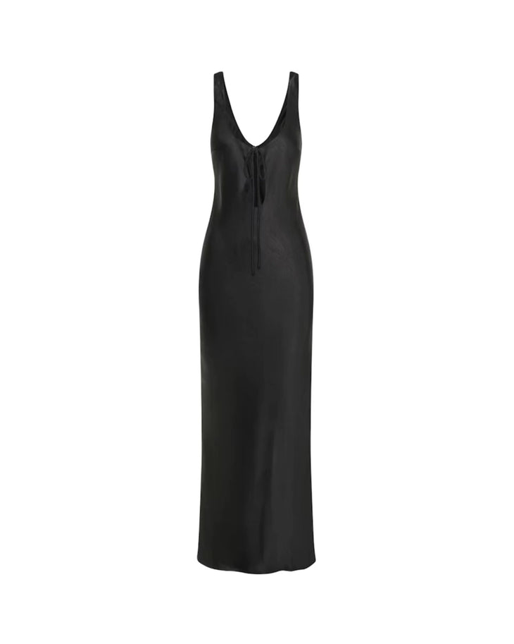 Woman wearing black satin maxi dress with keyhole neckline and tie detail — Meshki | Endless UAE