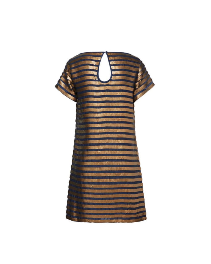 Woman wearing black and gold striped sequin shift dress with short sleeves — French Connection | Endless UAE
