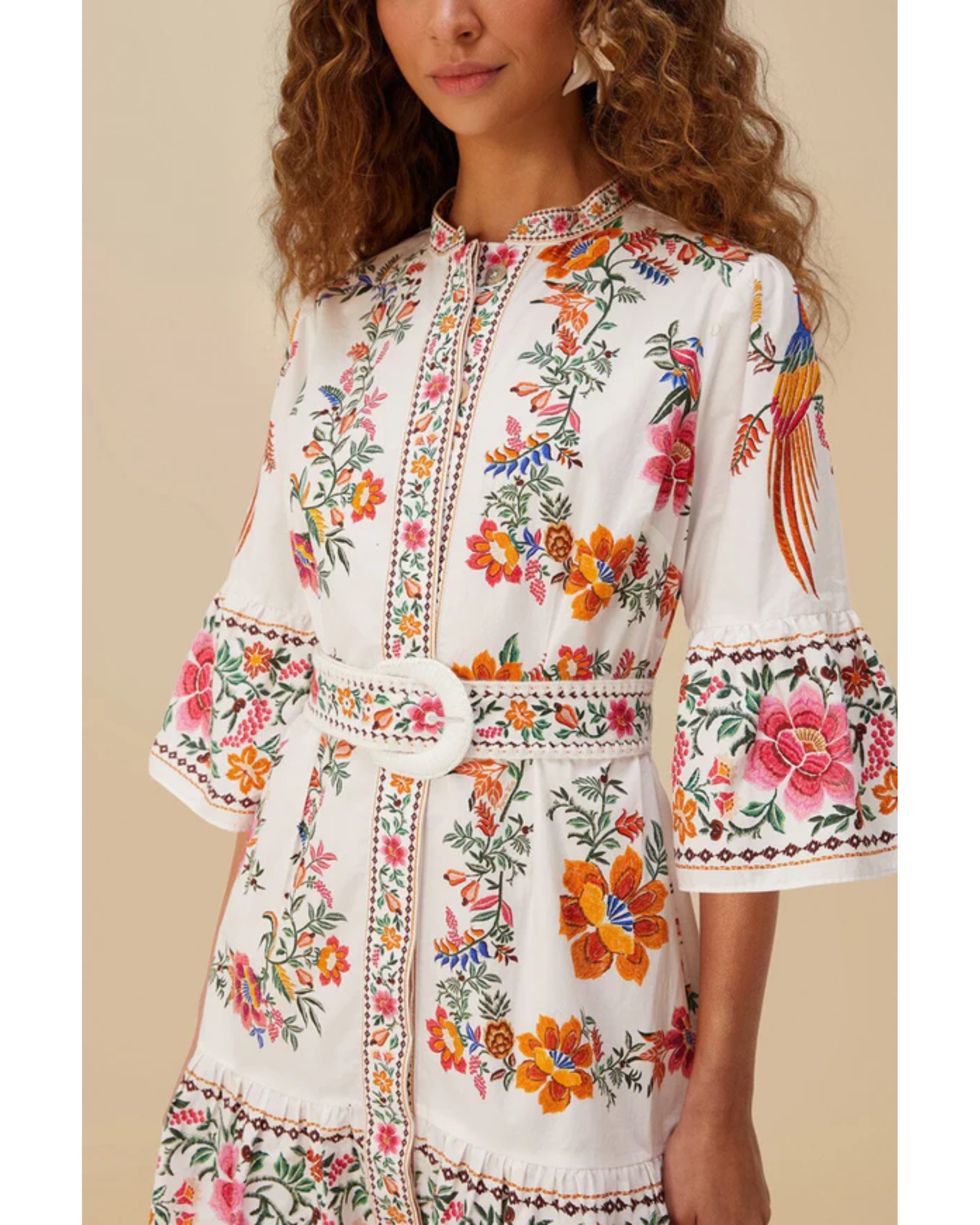 Floral embroidered off-white mini dress with bell sleeves and tiered ruffle hem — Farm Rio | Endless UAE