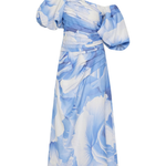 Woman wearing blue and white abstract print Cadence Ruched Midi Dress with puffed sleeves and white slides — Aje | Endless UAE