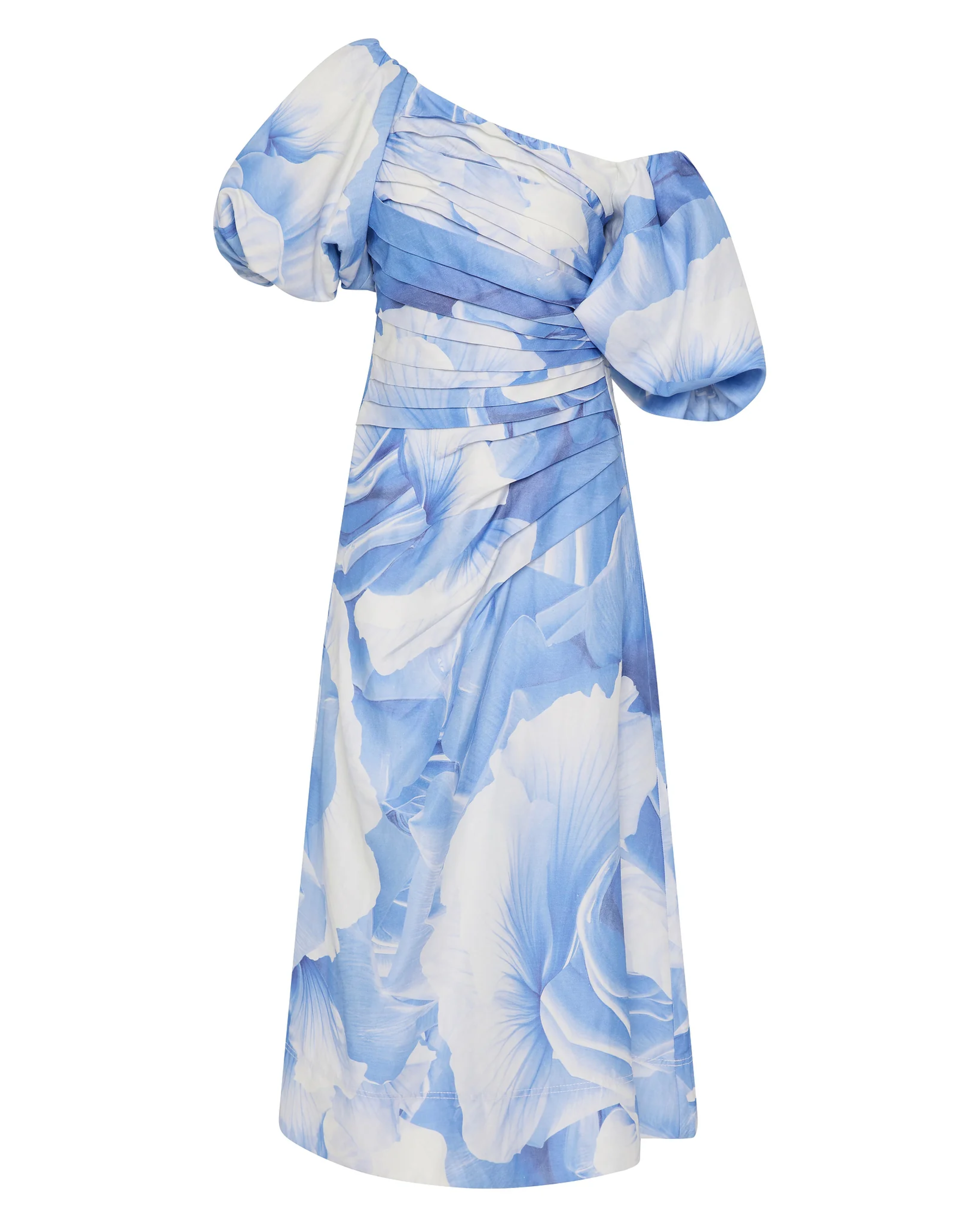 Woman wearing blue and white abstract print Cadence Ruched Midi Dress with puffed sleeves and white slides — Aje | Endless UAE