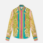 Woman wearing Barocco Goddess silk shirt in yellow with baroque print and colorful placket — Versace | Endless UAE