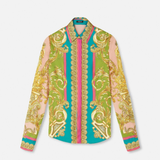 Woman wearing Barocco Goddess silk shirt in yellow with baroque print and colorful placket — Versace | Endless UAE