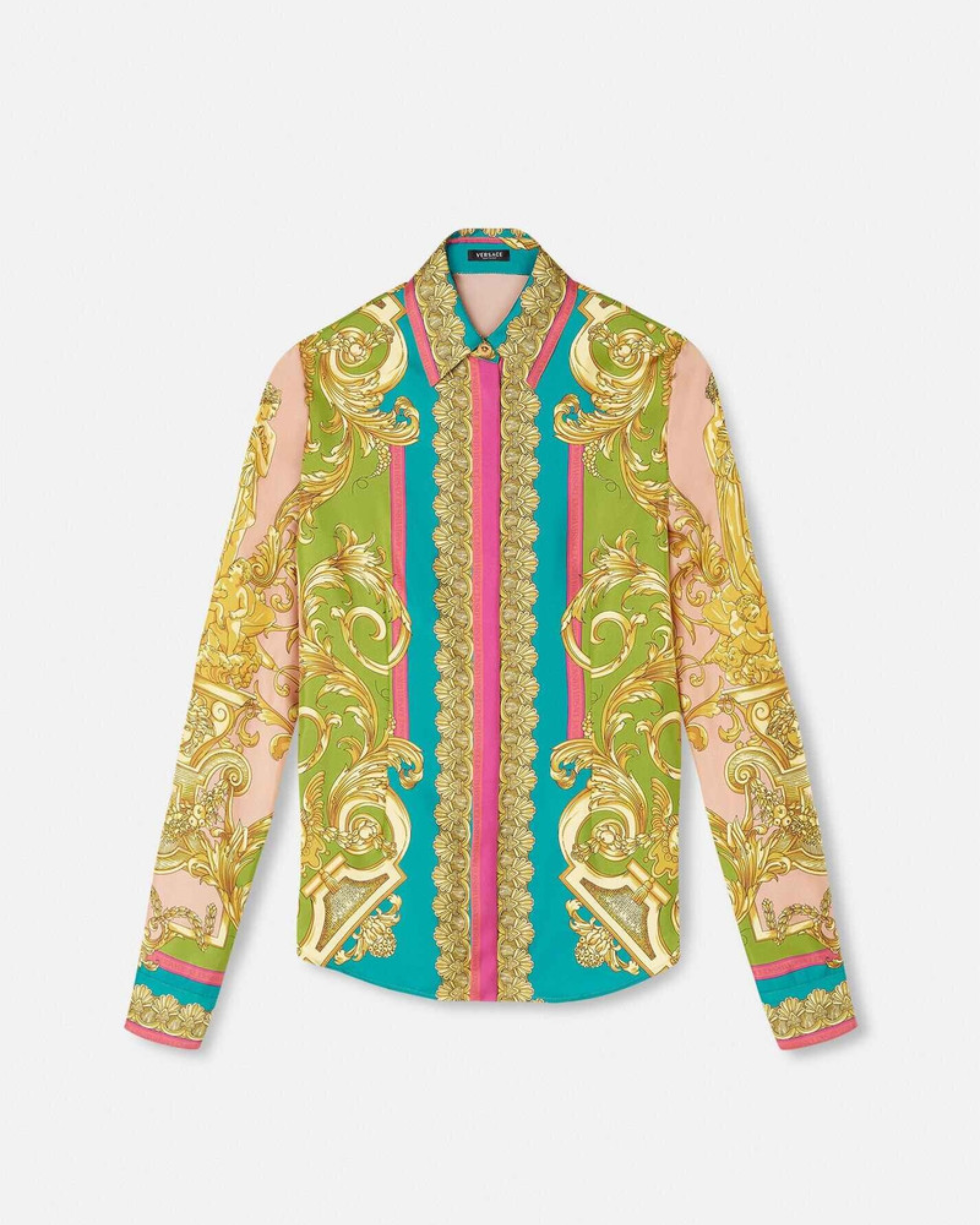 Woman wearing Barocco Goddess silk shirt in yellow with baroque print and colorful placket — Versace | Endless UAE