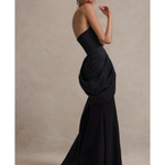 Elegant black strapless corset maxi dress with dramatic draped silhouette and fitted bodice — Club L London | Endless UAE