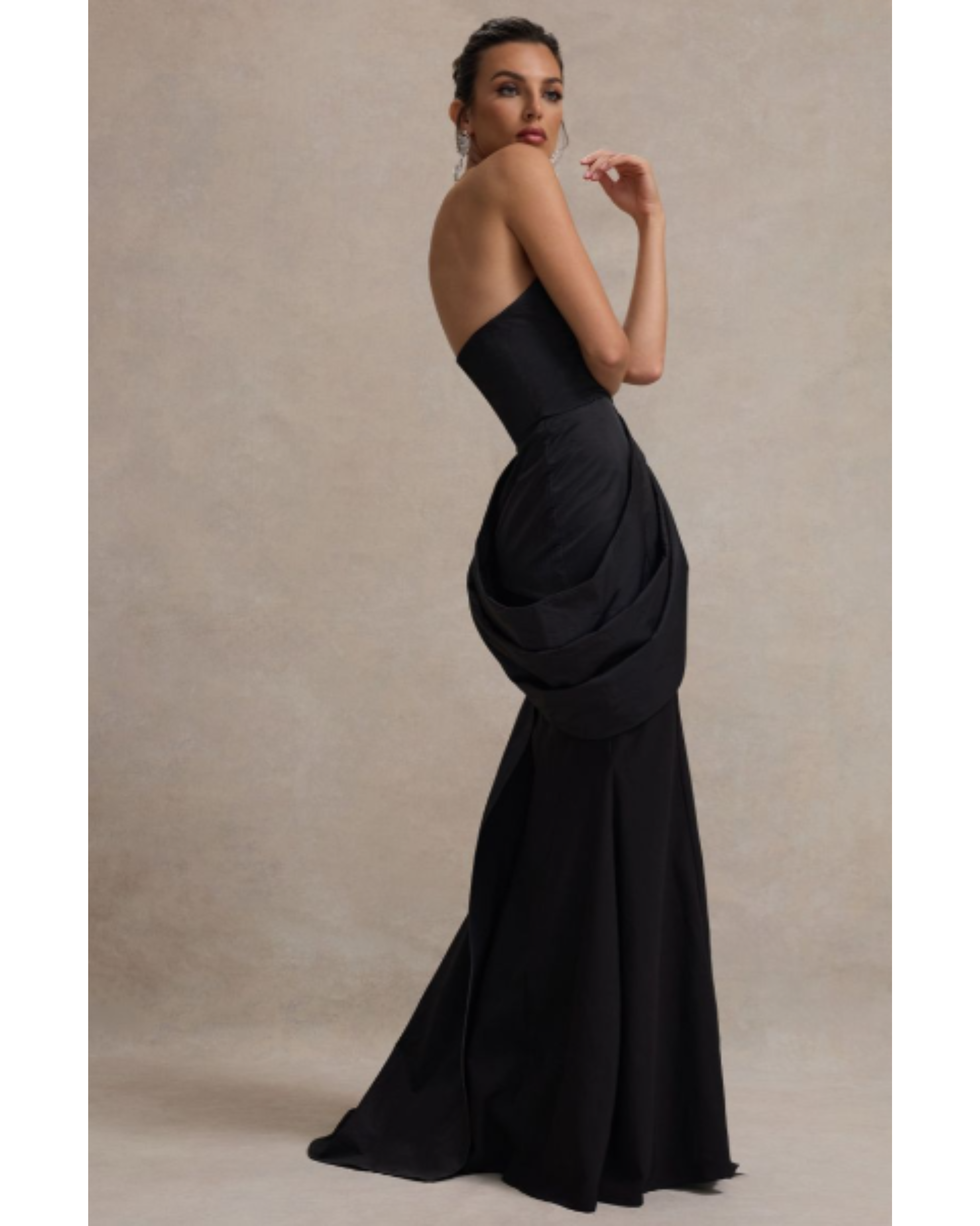 Elegant black strapless corset maxi dress with dramatic draped silhouette and fitted bodice — Club L London | Endless UAE