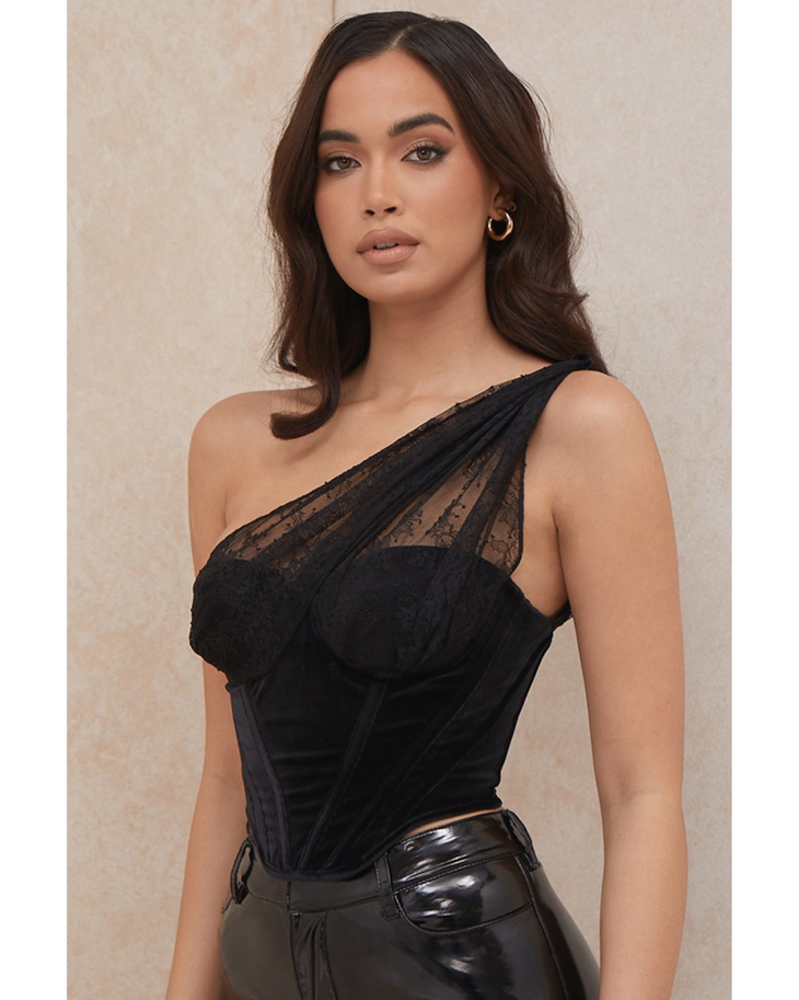 Issa Velvet Lace Corset in black with one-shoulder lace detail and cutout waist — House of CB | Endless UAE