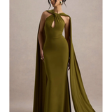 Rhoda Twist Halter-Neck Cape Maxi Dress