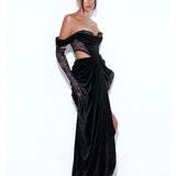 Black velvet off-shoulder gown with lace sleeves and corset bodice cutout — Miss Circle | Endless UAE