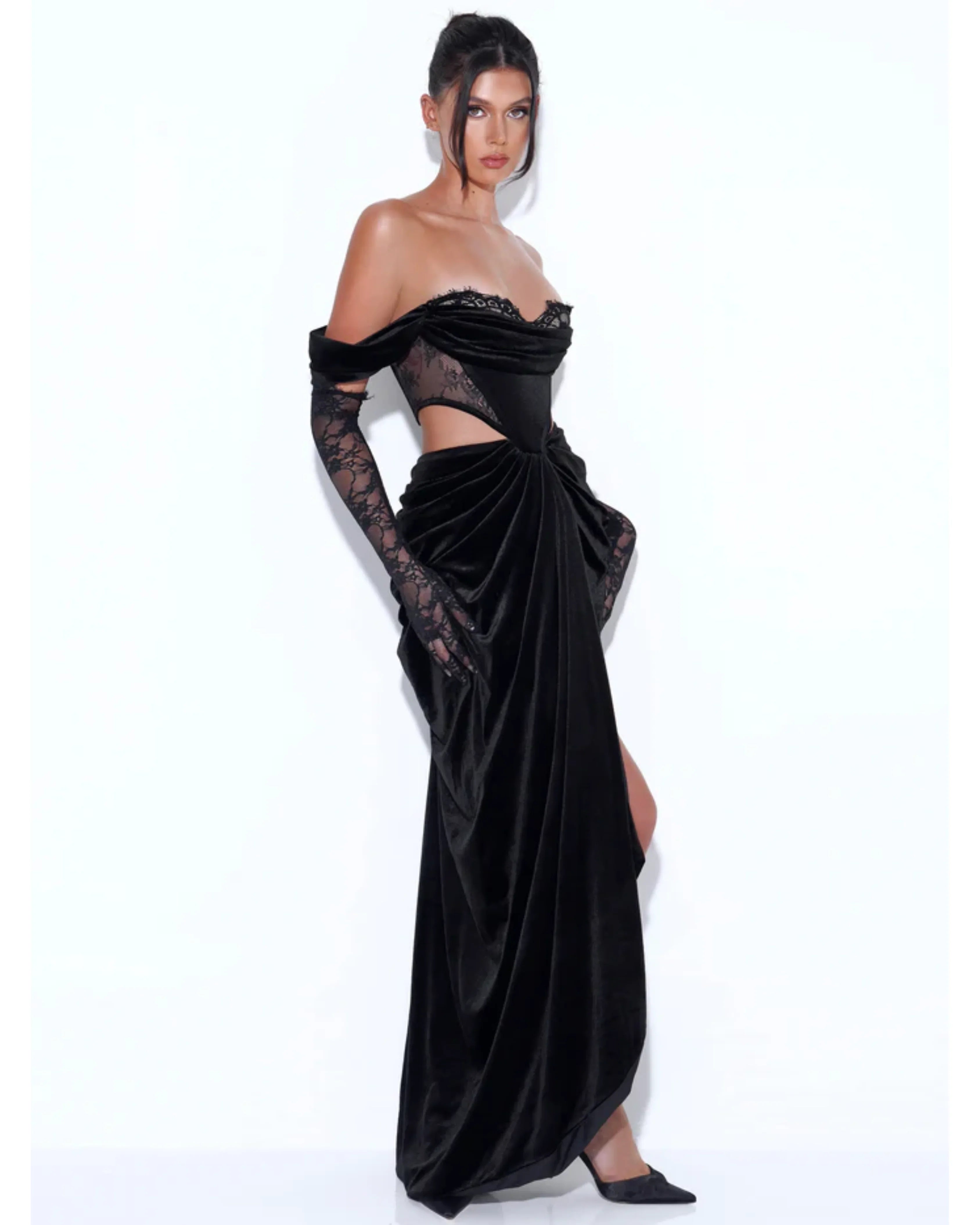 Black velvet off-shoulder gown with lace sleeves and corset bodice cutout — Miss Circle | Endless UAE