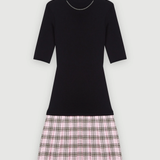 Black knit top with pink plaid wool skirt dress — Maje | Endless UAE