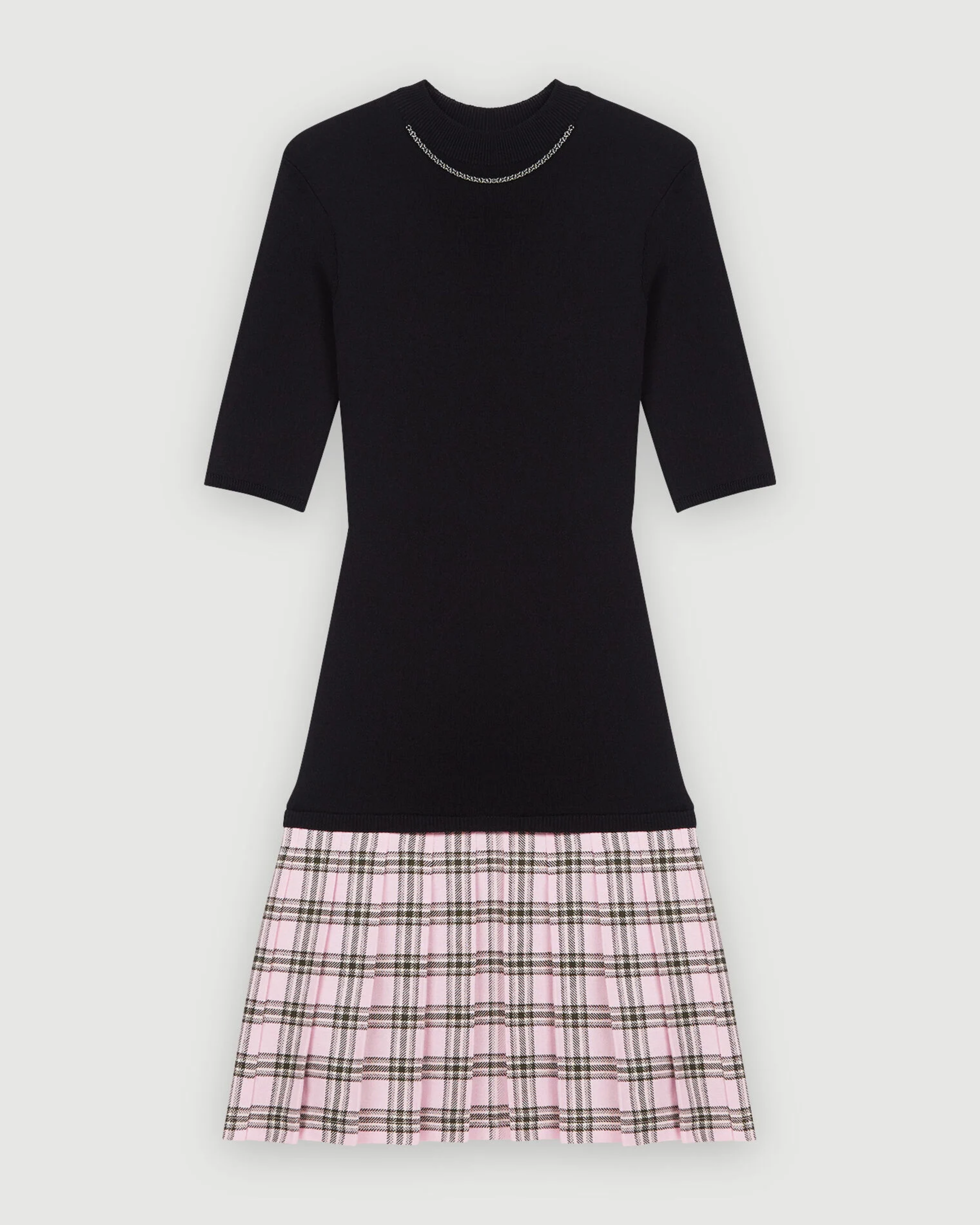 Black knit top with pink plaid wool skirt dress — Maje | Endless UAE
