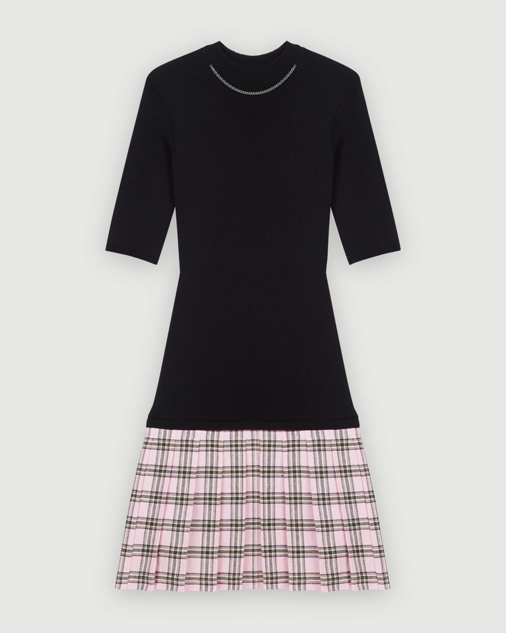 Black knit top with pink plaid wool skirt dress — Maje | Endless UAE