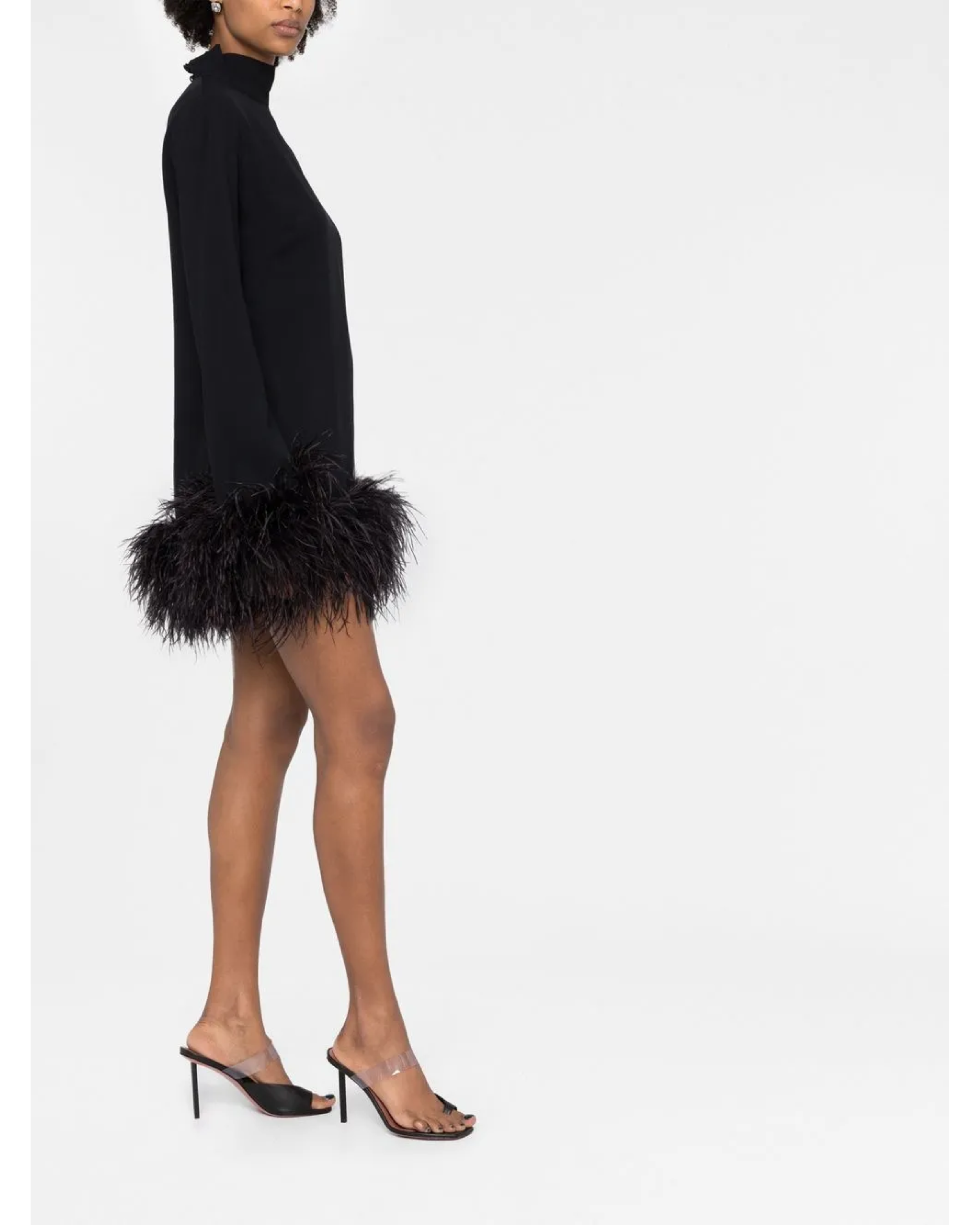 Black turtleneck mini dress with feather trim hem — Taller Marmo | Endless UAE