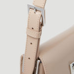 Beige patent leather shoulder bag with dual compartments and silver turnlock closures — Endless | Endless UAE