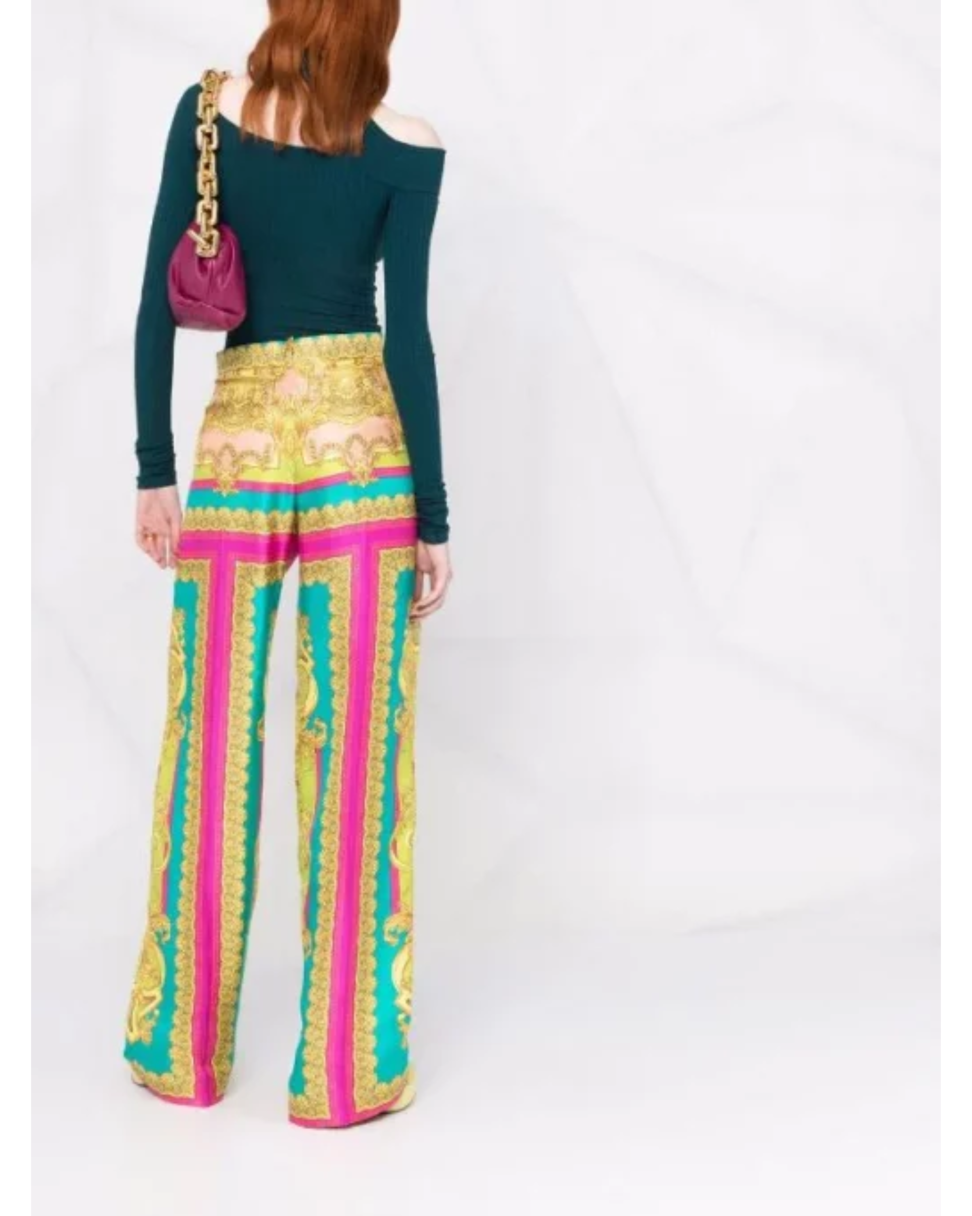 Barocco Goddess Silk Trousers in yellow, turquoise and magenta — Versace | Endless UAE