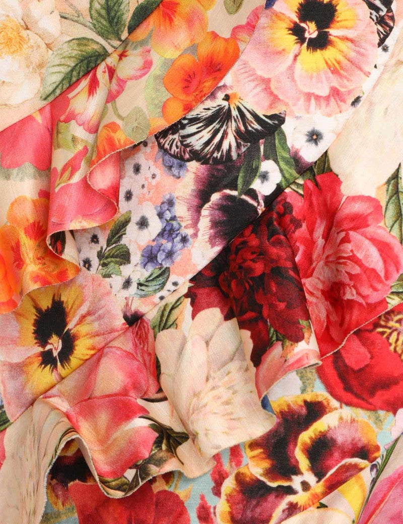 Colorful floral mini dress with ruffled cap sleeves and wrap waist detail — Zimmermann | Endless UAE