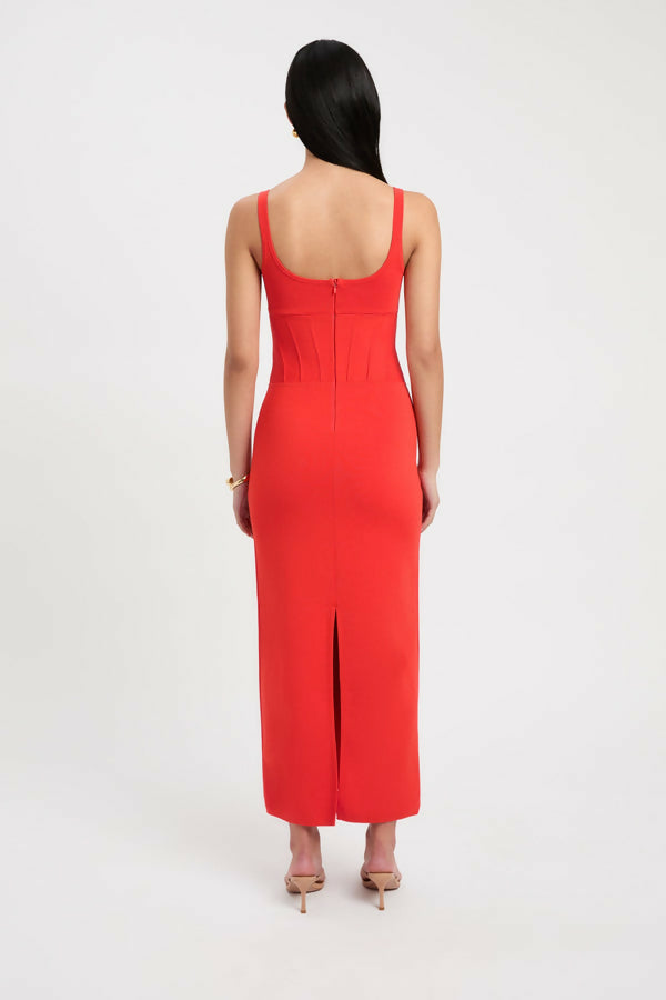 Woman wearing red sleeveless corset midi dress with sweetheart neckline — Kookai | Endless UAE