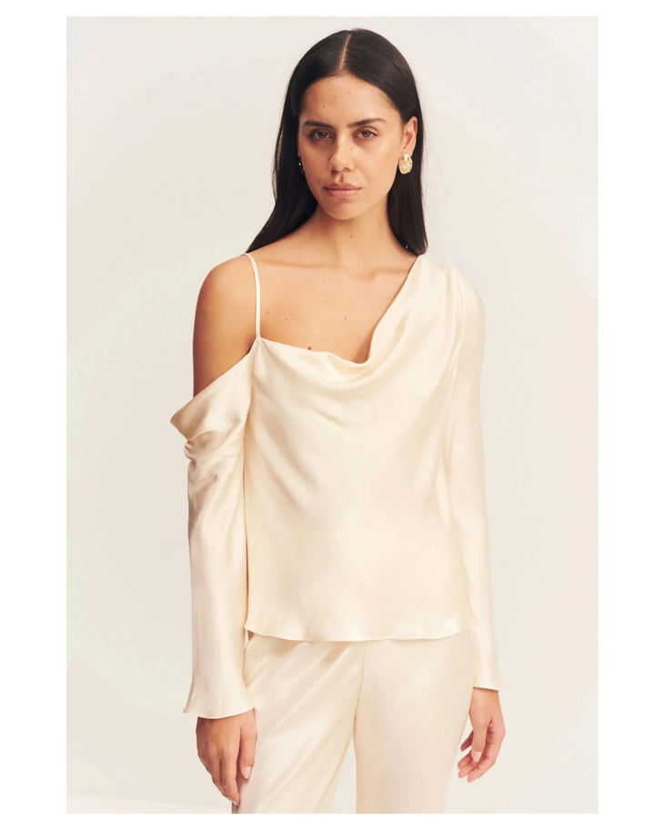 Lune Asymmetrical Long Sleeve Top in cream with cold shoulder detail — Shona Joy | Endless UAE