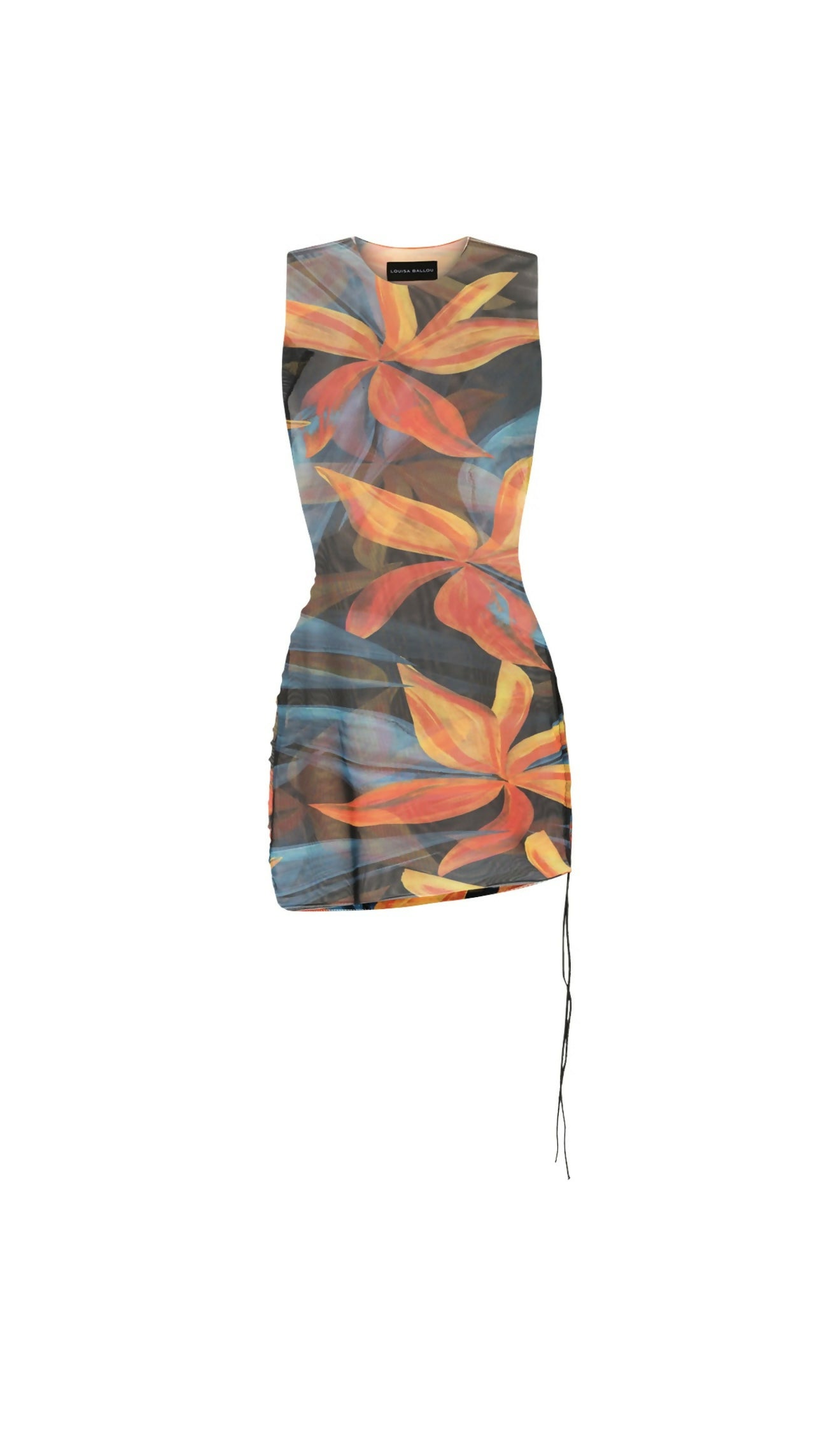 Sleeveless sheer mesh mini dress with orange and blue floral print and ruched side detail — Louisa Ballou | Endless UAE
