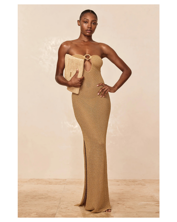 Montego Bandeau Dress in gold textured knit with keyhole cutout detail — Monday Swimwear | Endless UAE
