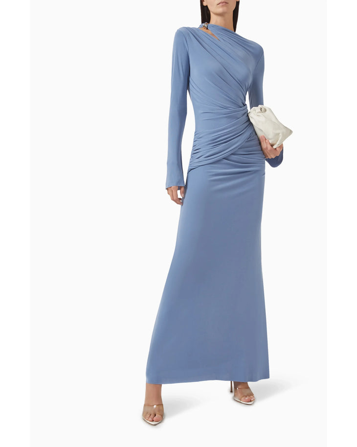 Amara Draped Dress in slate blue with long sleeves and ruched waist detail — CHATS by C.Dam | Endless UAE