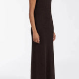 Woman wearing dark brown ribbed knit midi dress with short sleeves and front slit — DISSH | Endless UAE